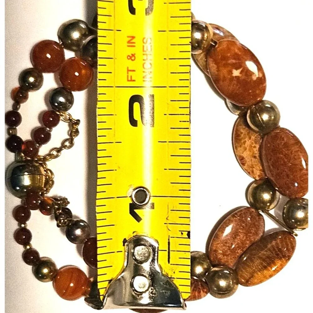 Vintage Bracelet Beaded Jasper Stone Gold-Tone Glass Magnetic Closure‎